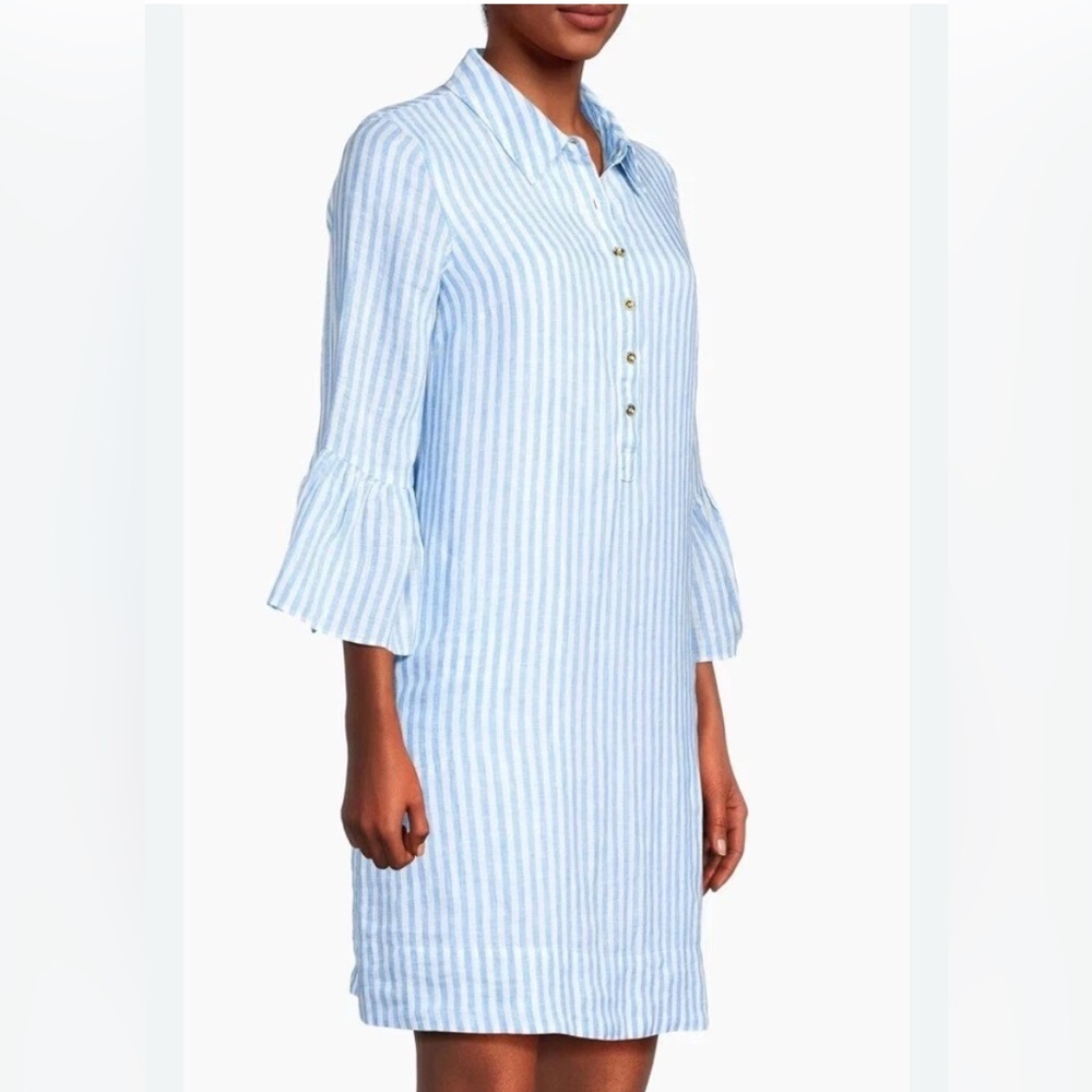 Lilly Pulitzer Jazmyn Linen Shirt Dress Blue White Stripe Tunic Bell Sleeve